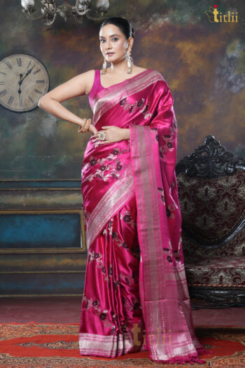 Rani Pink Pure Satin Aada Jungla Banarasi Saree