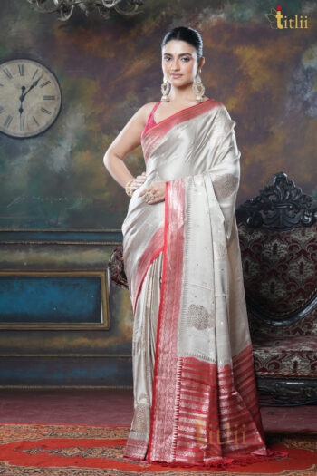 Beige With red Border Pure Gajji Silk Benarasi Handloom