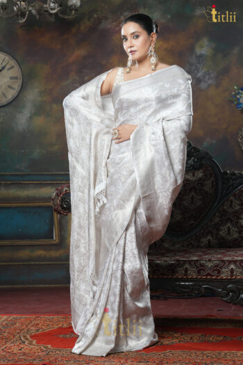White Pure Gajji  Benarasi Tanchoi