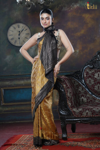 Yellow With Black Border Pure Gajji  Benarasi Tanchoi