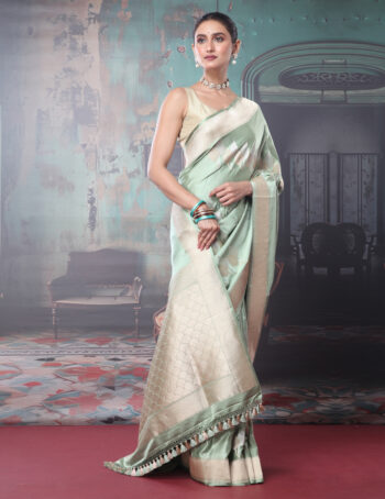 Pure Handloom Satin Sona Rupa Leaf Saree With Border
