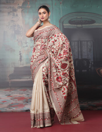 Tussar Silk Kantha Embroidered Saree
